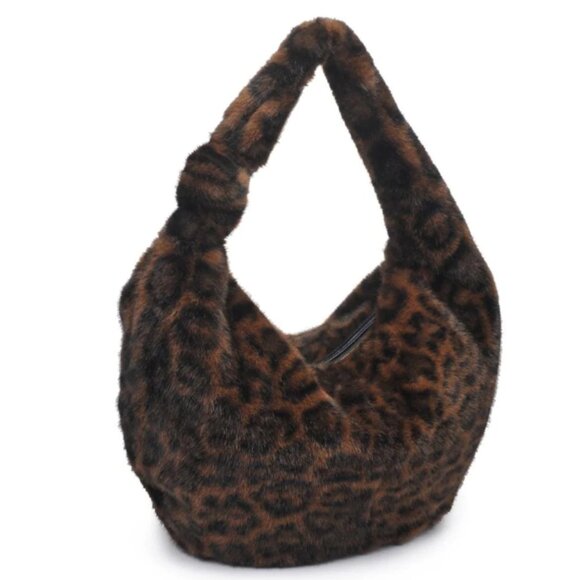 NEW Leopard Faux Fur Hobo Bag Cecilia Designer Inspired Vegan Shoulder Bag - Picture 2 of 4